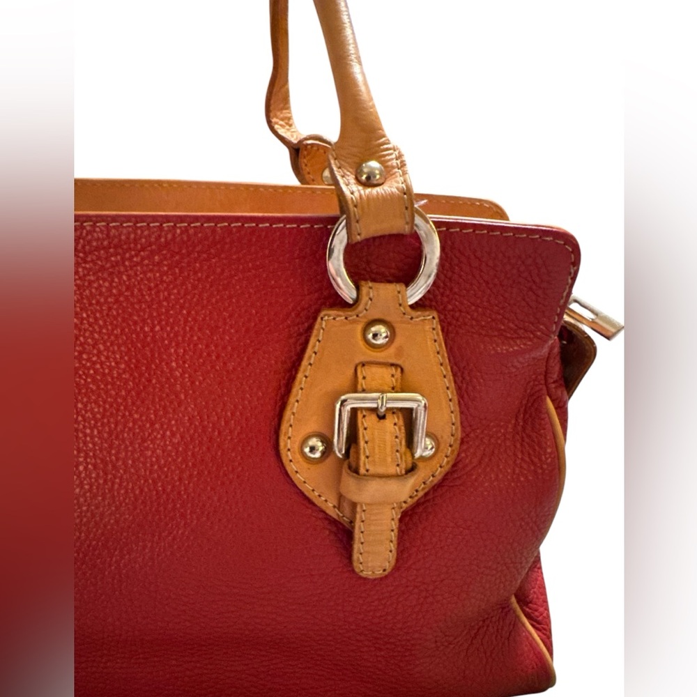 Red and Tan Leather Structured Shoulder Bag with Handles - Picture 5 of 13